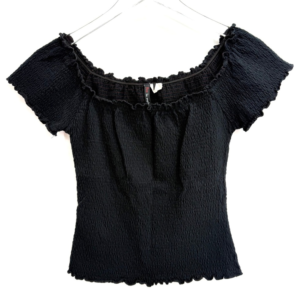 Y2K Fire Los Angeles Smocked Off The Shoulder Ruffle Top Size L Black Grunge